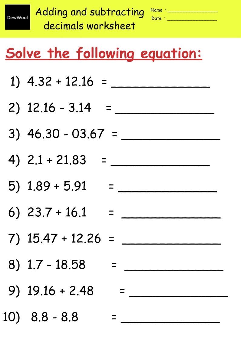 Add Subtract Decimals Worksheet Worksheets Worksheets Library