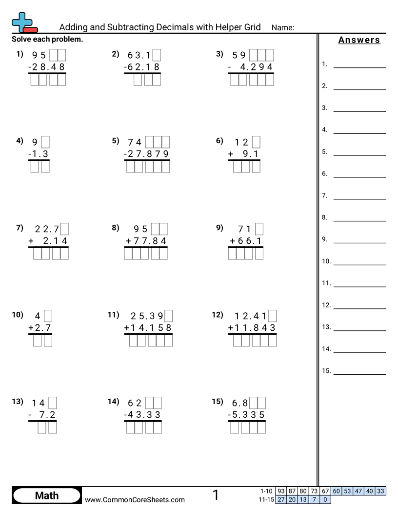 Adding And Subtracting Decimals With Helper Grid Worksheet Download