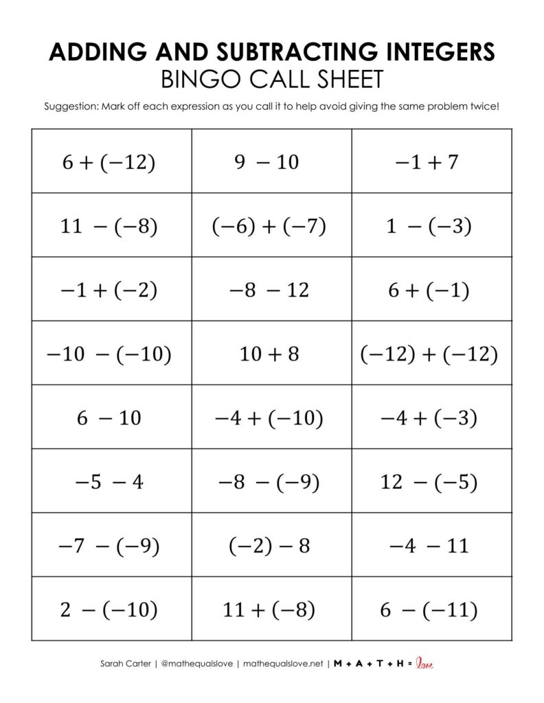 Adding And Subtracting Integers Bingo Game Math Love Adding And Subtracting Integers Bingo Game Math Love
