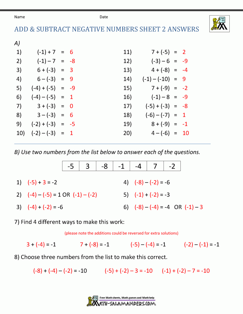 adding subtracting integers worksheet pdf