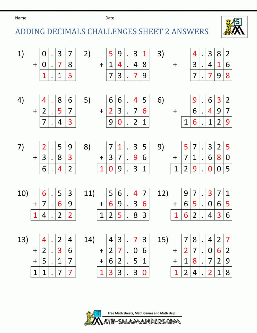 Adding Decimals Worksheet 5th Grade Adding Decimals Worksheet 5th Grade