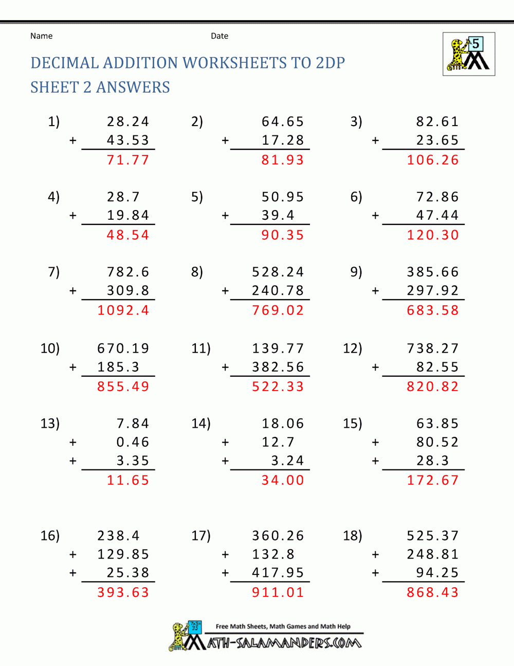 Adding Decimals Worksheet 5th Grade