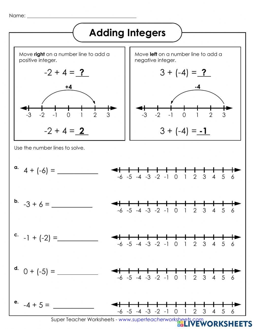 Adding Integers Using A Number Line Online Exercise For Live Worksheets Library