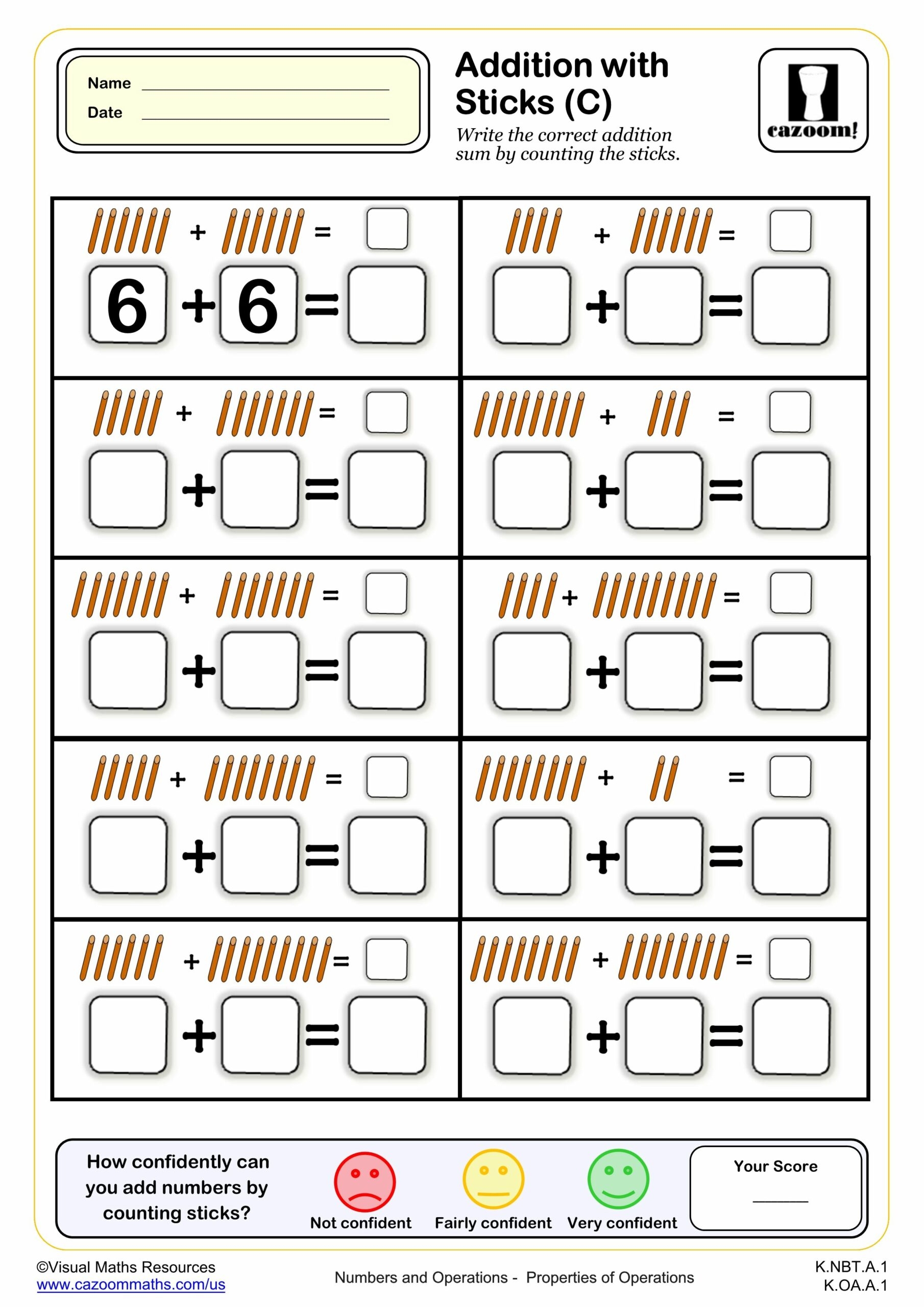 Addition With Sticks B K Grade PDF Addition Worksheets