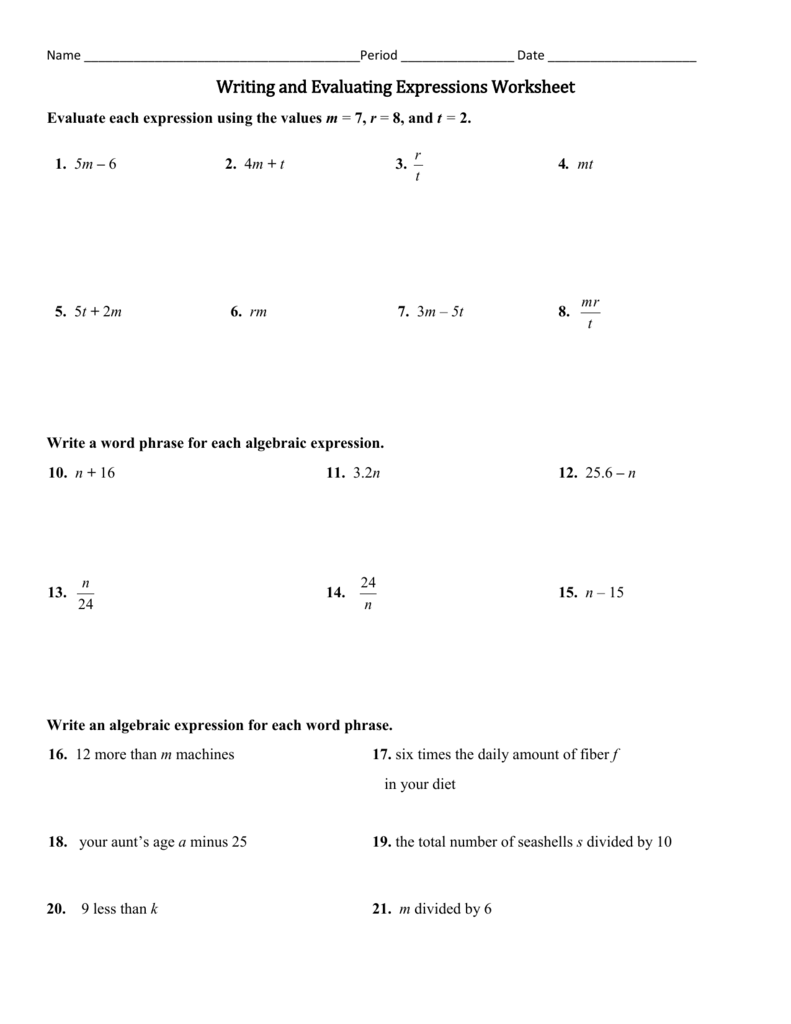 Algebraic Expressions Worksheet Evaluate Write Algebraic Expressions Worksheet Evaluate Write