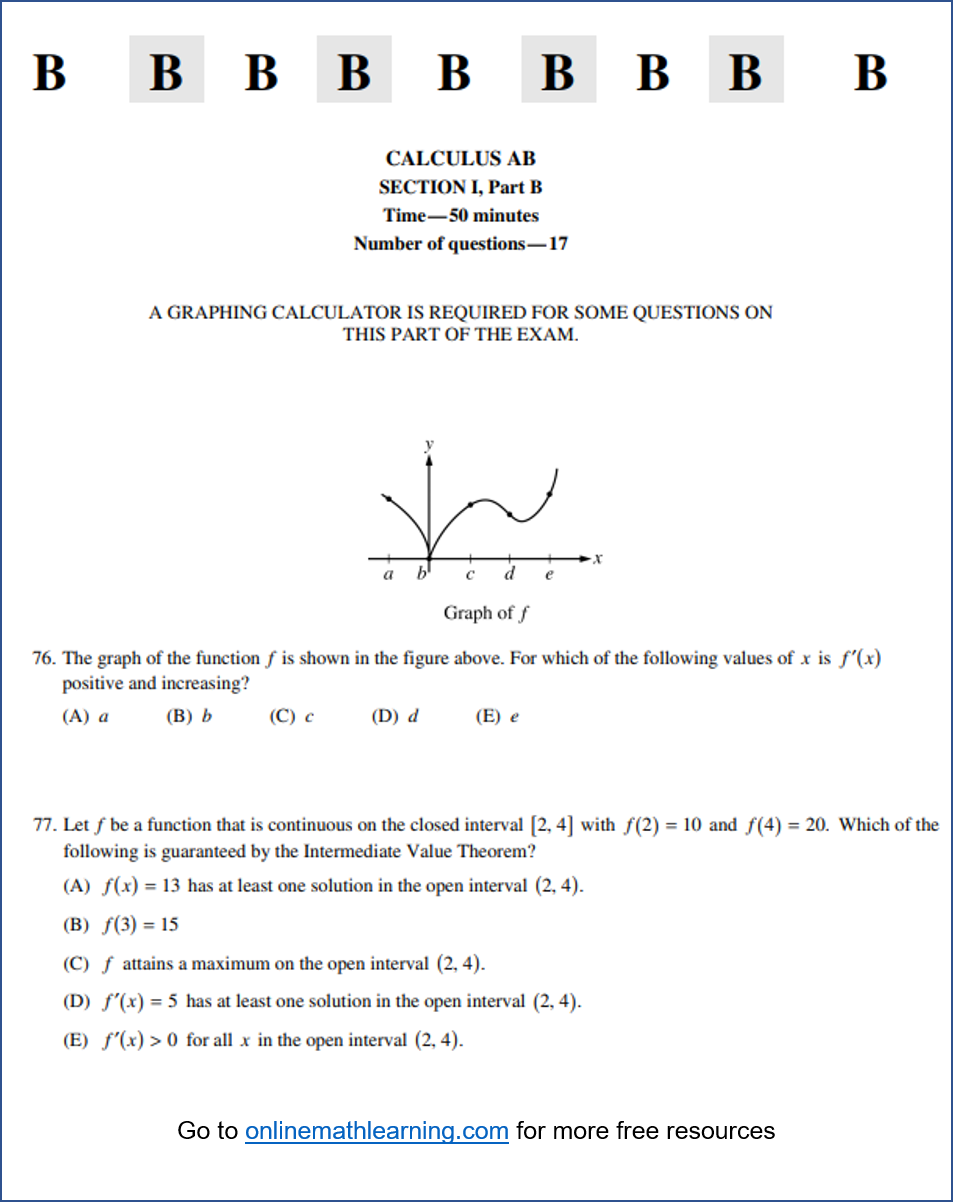 AP Calculus AB Multiple Choice 2012 Exam Part B videos Questions Solutions 