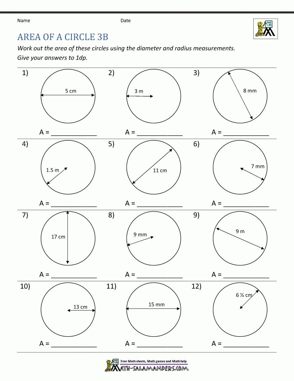 Area Of A Circle Worksheets