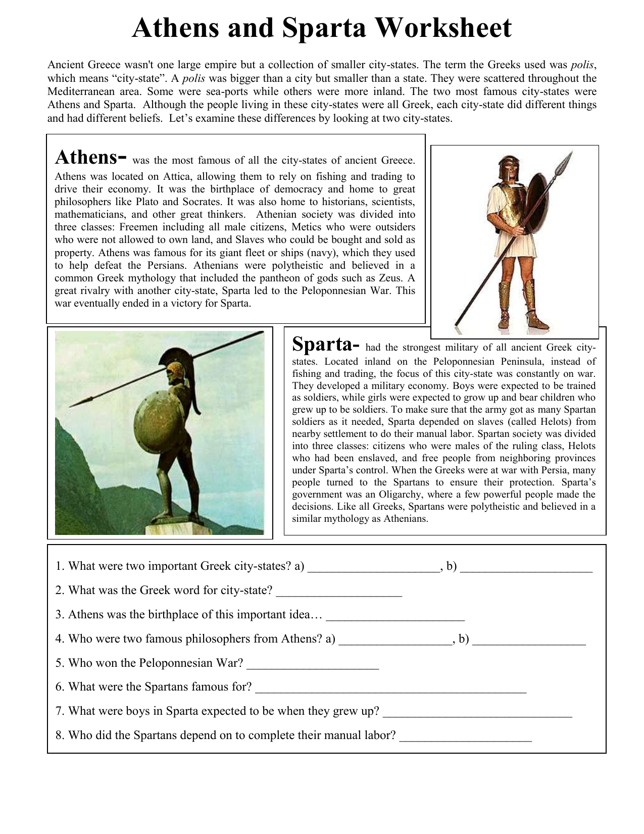 Athens Vs Sparta Worksheet Ancient Greece