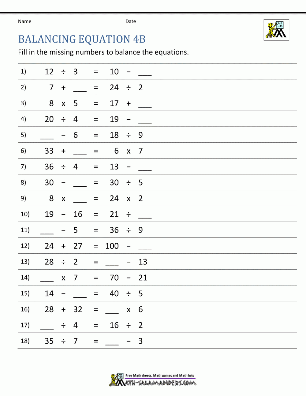 Balancing Math Equations Balancing Math Equations