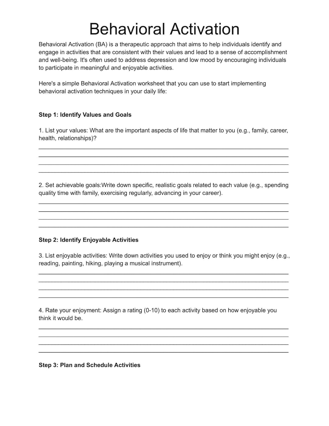 Behavioral Activation Worksheet Mental Health Worksheet Counseling Tool CBT Worksheet Etsy
