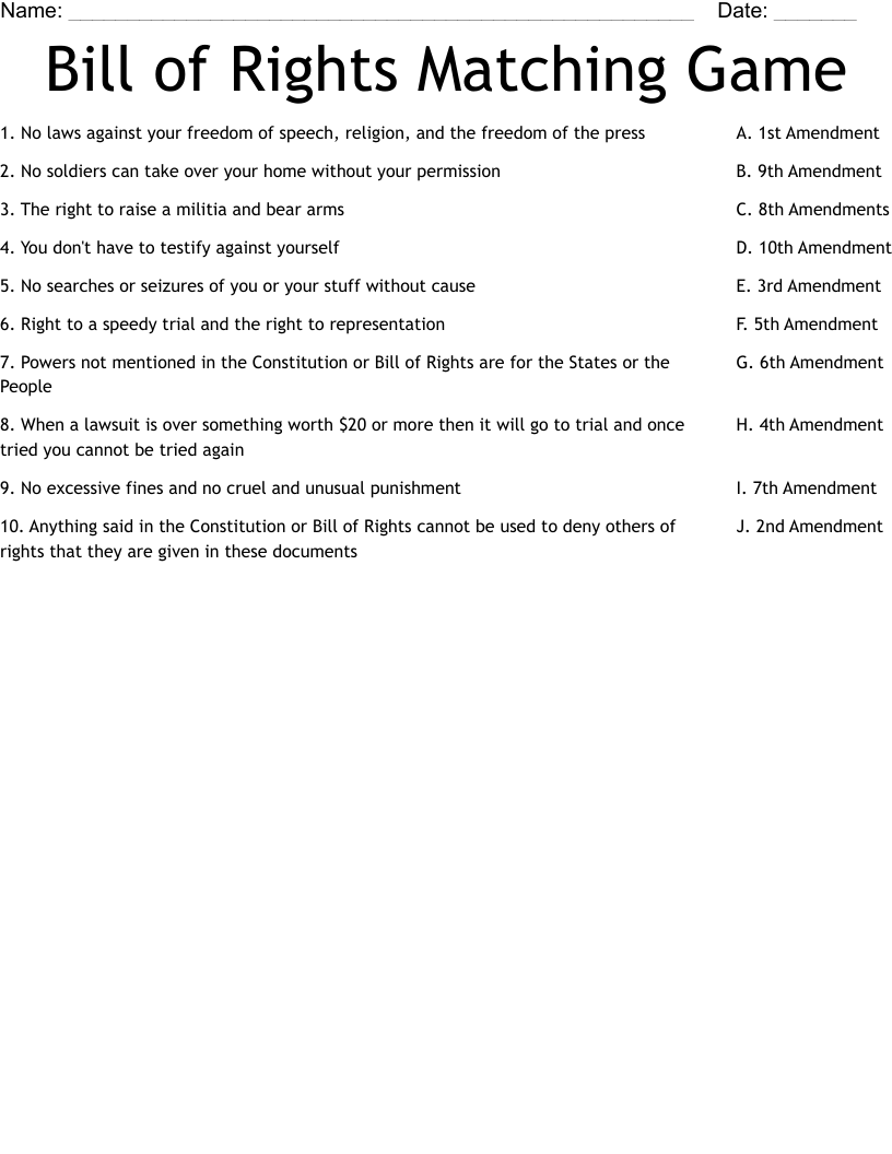 Bill Of Rights Matching Game Worksheet WordMint Bill Of Rights Matching Game Worksheet WordMint