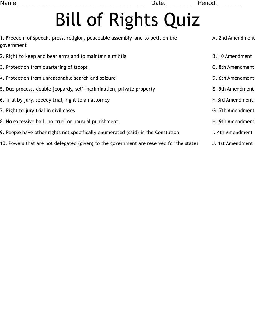 Bill Of Rights Quiz Worksheet WordMint Bill Of Rights Quiz Worksheet WordMint