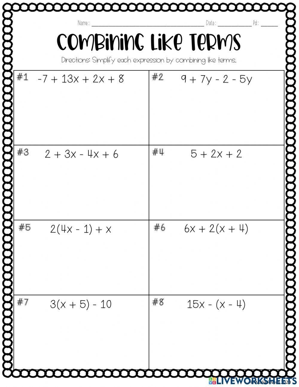 Combining Like Terms Worksheet For 8th 9th Worksheets Library