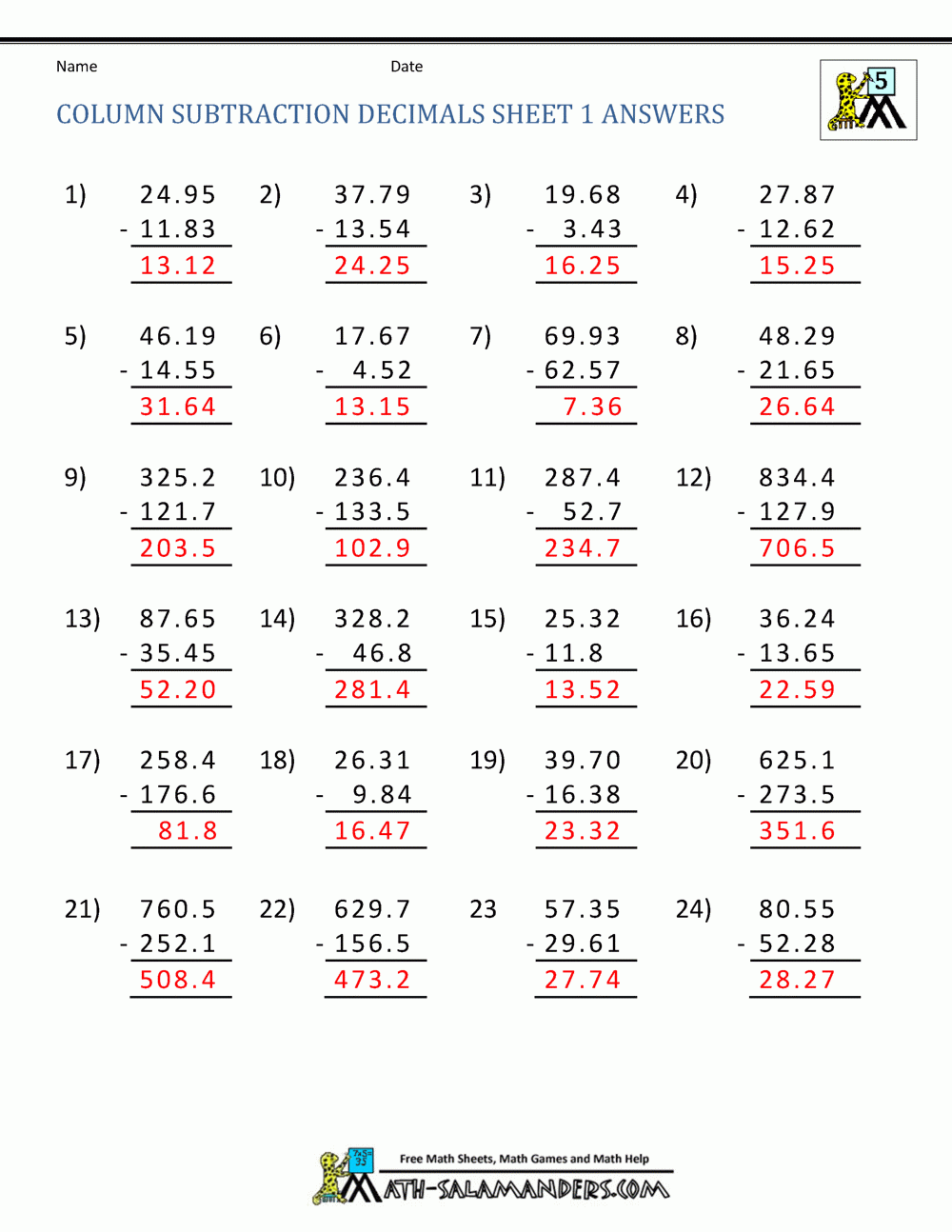 Decimal Subtraction Worksheets
