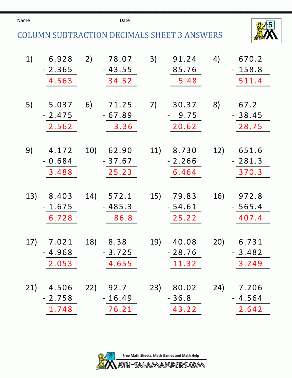 Decimal Subtraction Worksheets Decimal Subtraction Worksheets