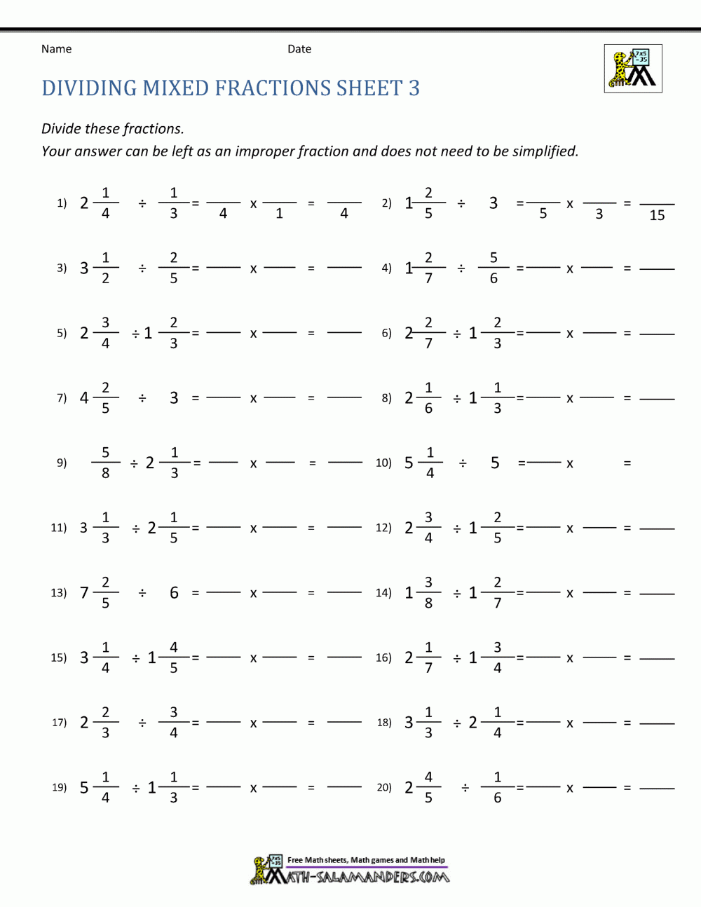 Dividing Mixed Fractions Worksheet Dividing Mixed Fractions Worksheet