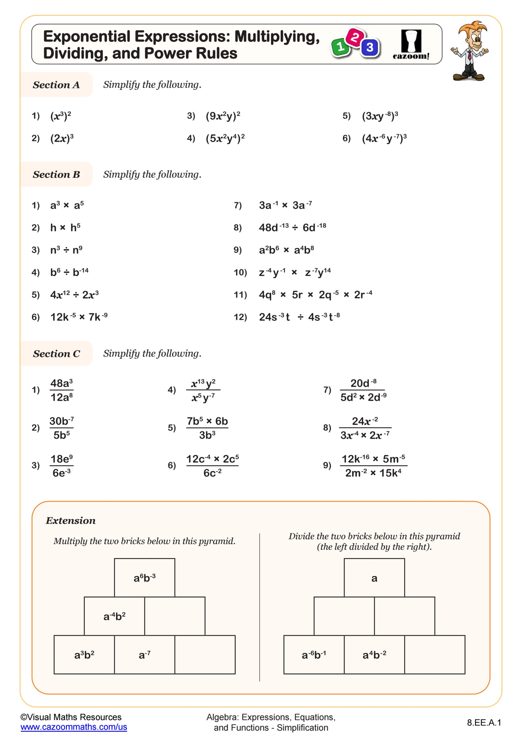 Exponential Expressions Multiplying Dividing And Power Rules Worksheet PDF Printable Algebra Worksheet