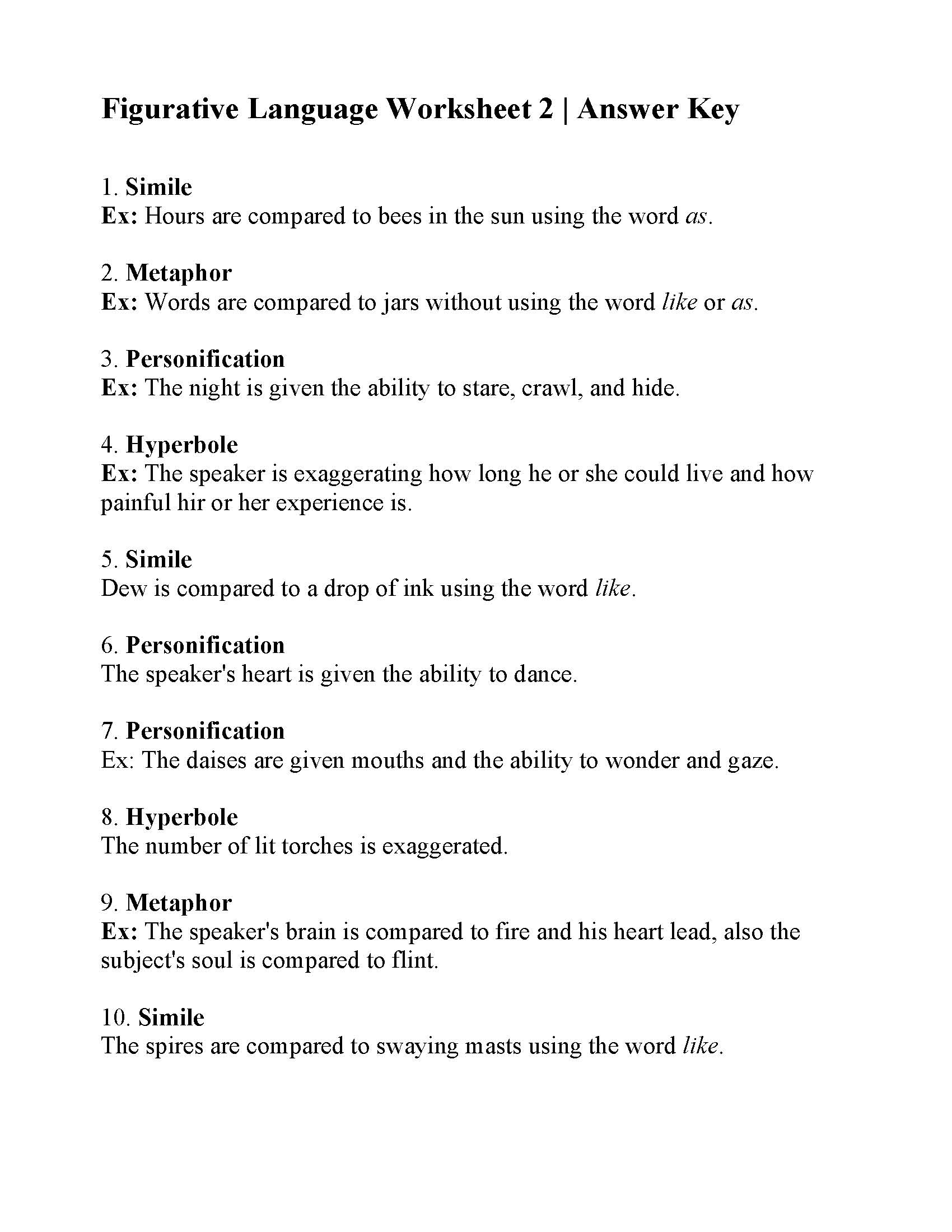 Figurative Language Worksheet 2 Reading Activity Figurative Language Worksheet 2 Reading Activity