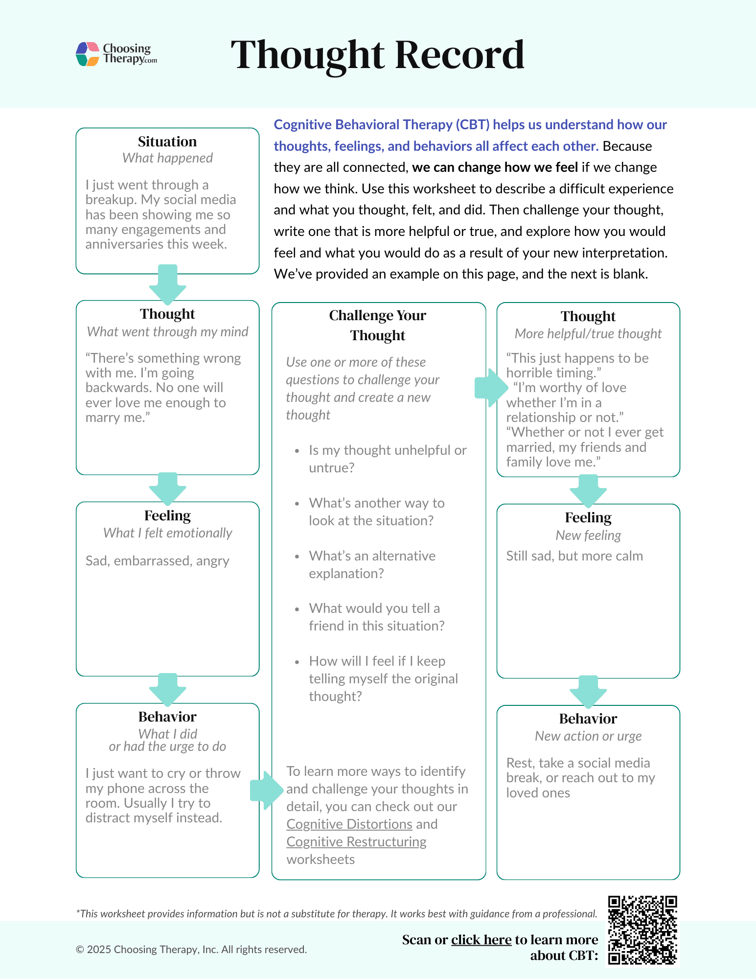 Free CBT Thought Record Worksheet Printable PDF ChoosingTherapy