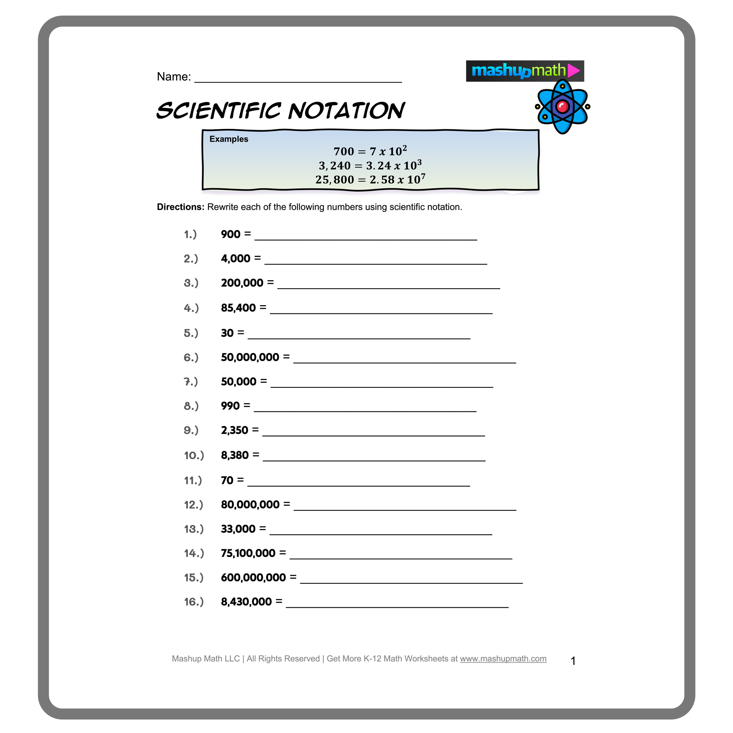 Free Scientific Notation Worksheet Library Mashup Math