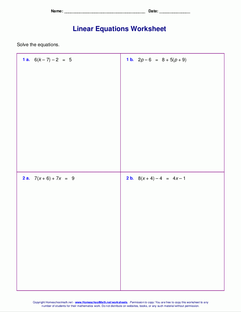 Free Worksheets For Linear Equations grades 6 9 Pre algebra Algebra 1 Free Worksheets For Linear Equations grades 6 9 Pre algebra Algebra 1