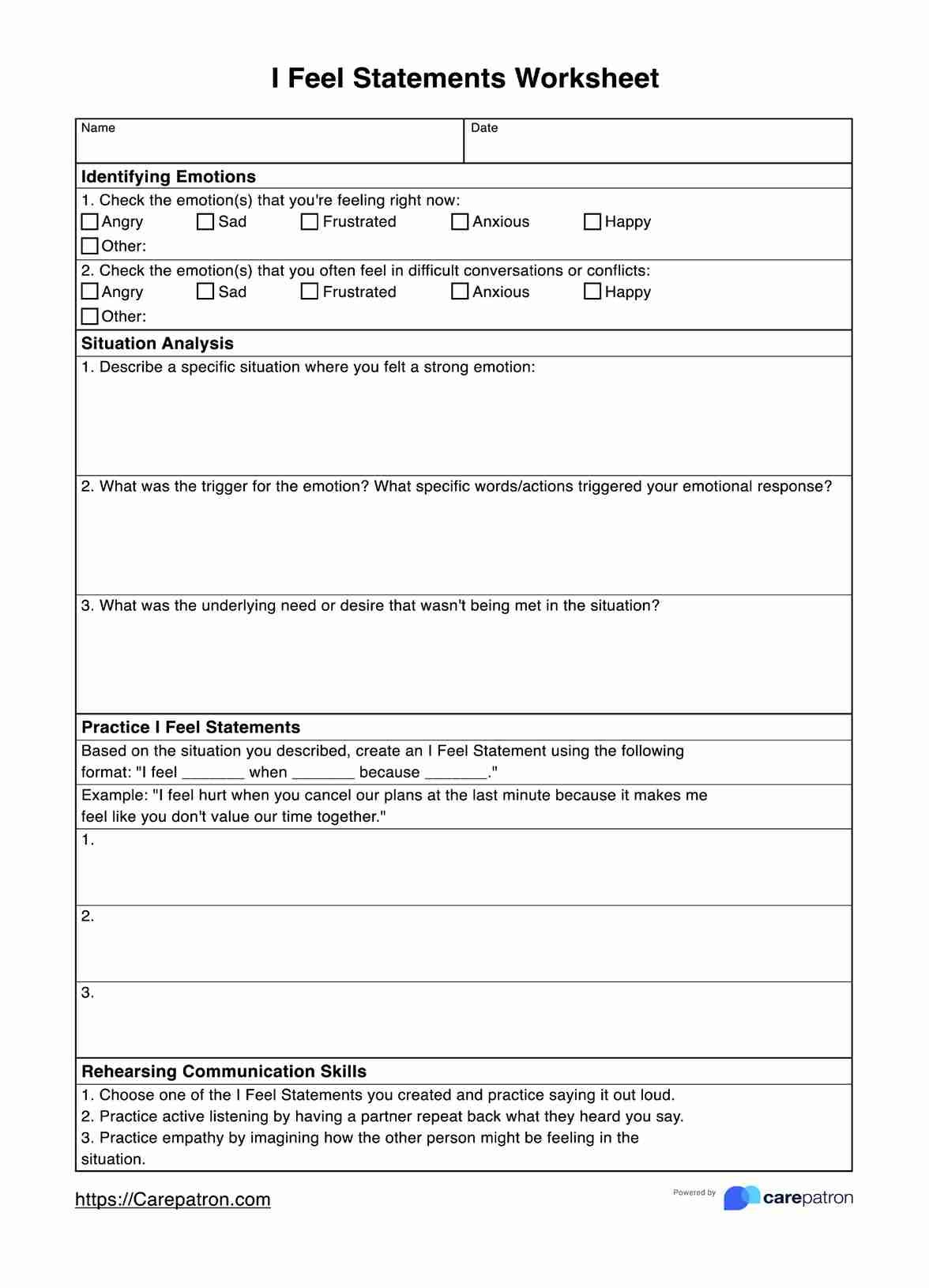 I Feel Statements Worksheets I Feel Statements Worksheets