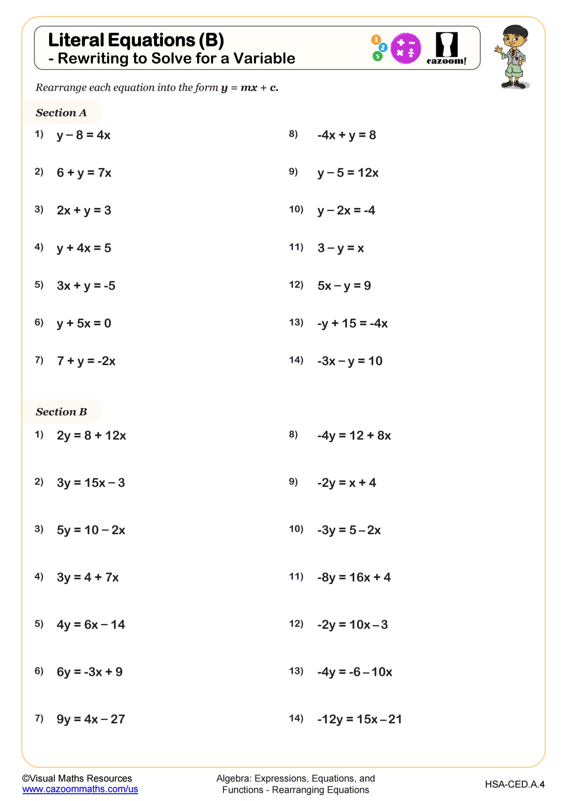 Literal Equations B Rewriting To Solve For A Variable Worksheet PDF Printable Algebra Worksheet Literal Equations B Rewriting To Solve For A Variable Worksheet PDF Printable Algebra Worksheet