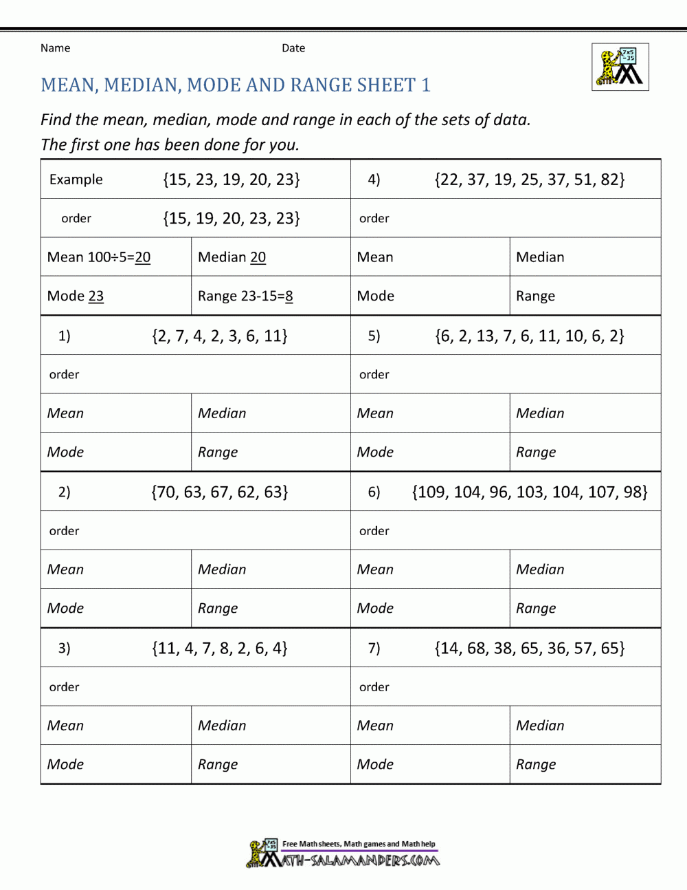 Mean Median Mode Range Worksheets