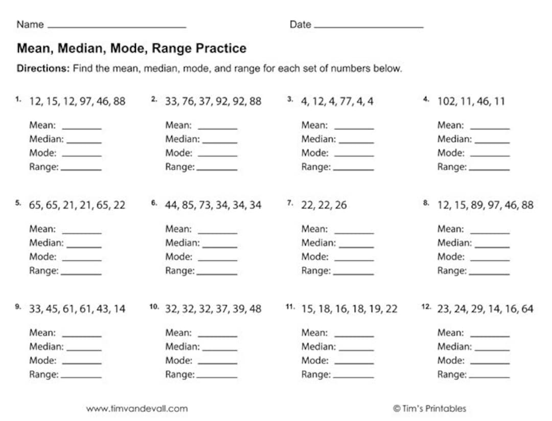 Mean Median Mode Range Worksheets PDF 3 Printable Worksheets Etsy Finland