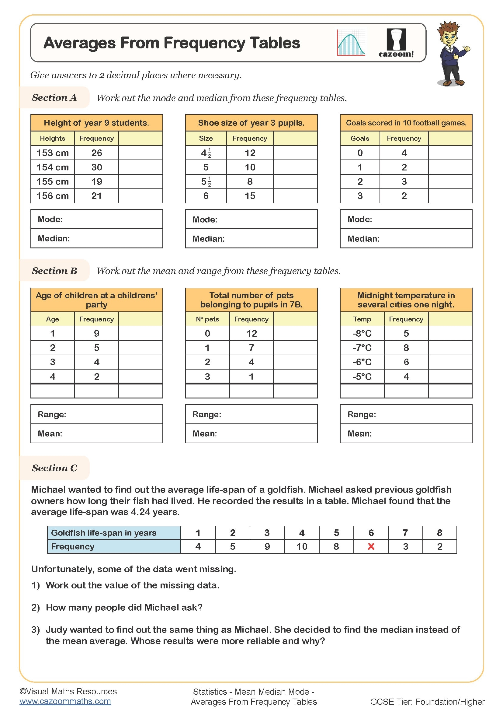 Mean Median Mode Worksheets FREE Year 9