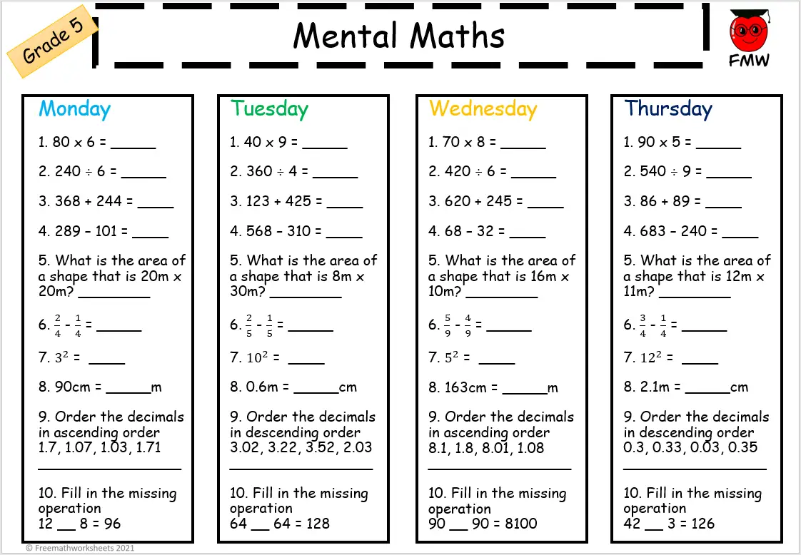 Mental Math Worksheets For Grade 5 Free Printables Homework Worksheets Library