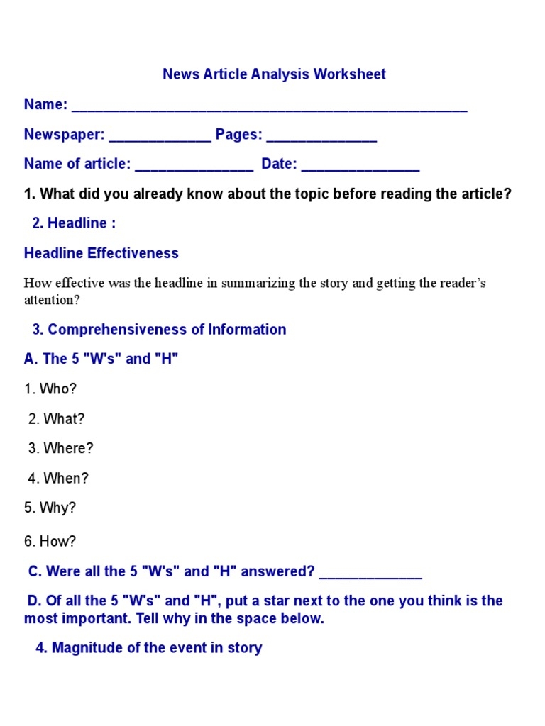 News Article Analysis Worksheet PDF News Cognitive Science Worksheets Library