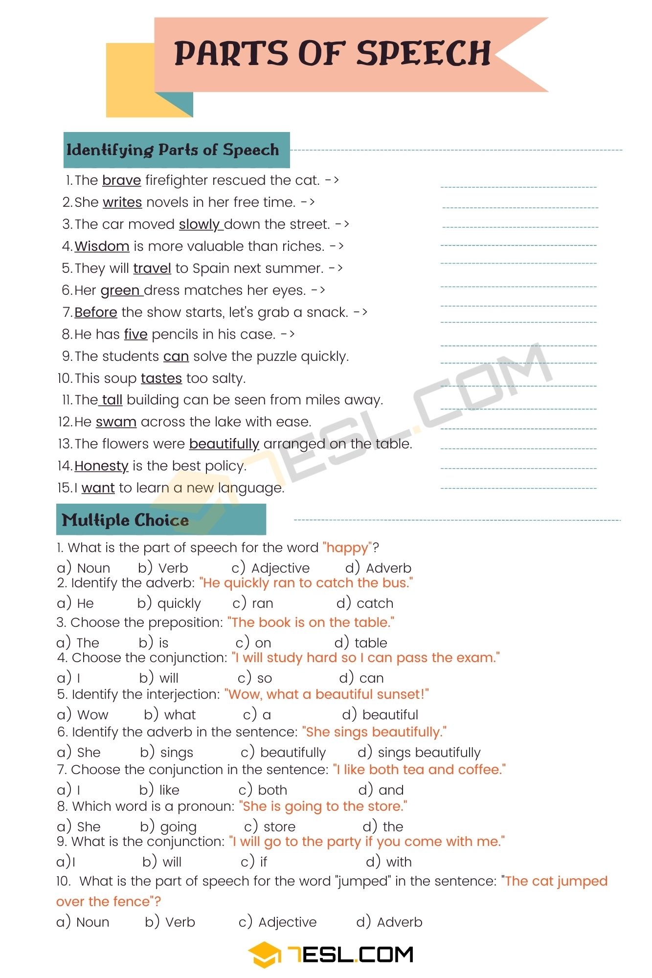 Parts Of Speech Worksheet Parts Of Speech Exercises 7ESL Parts Of Speech Worksheet Parts Of Speech Exercises 7ESL