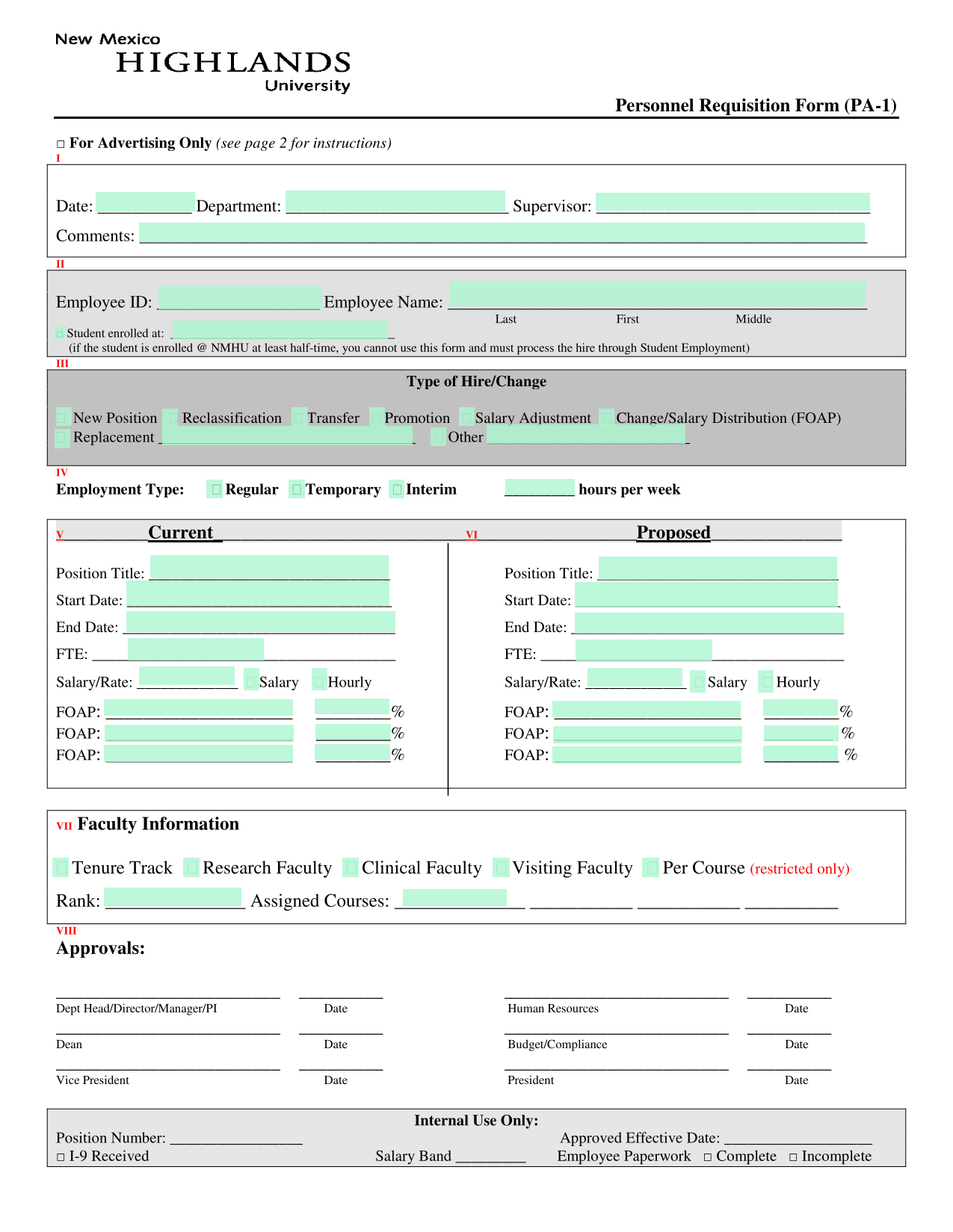Personnel Requisition Form PA 1