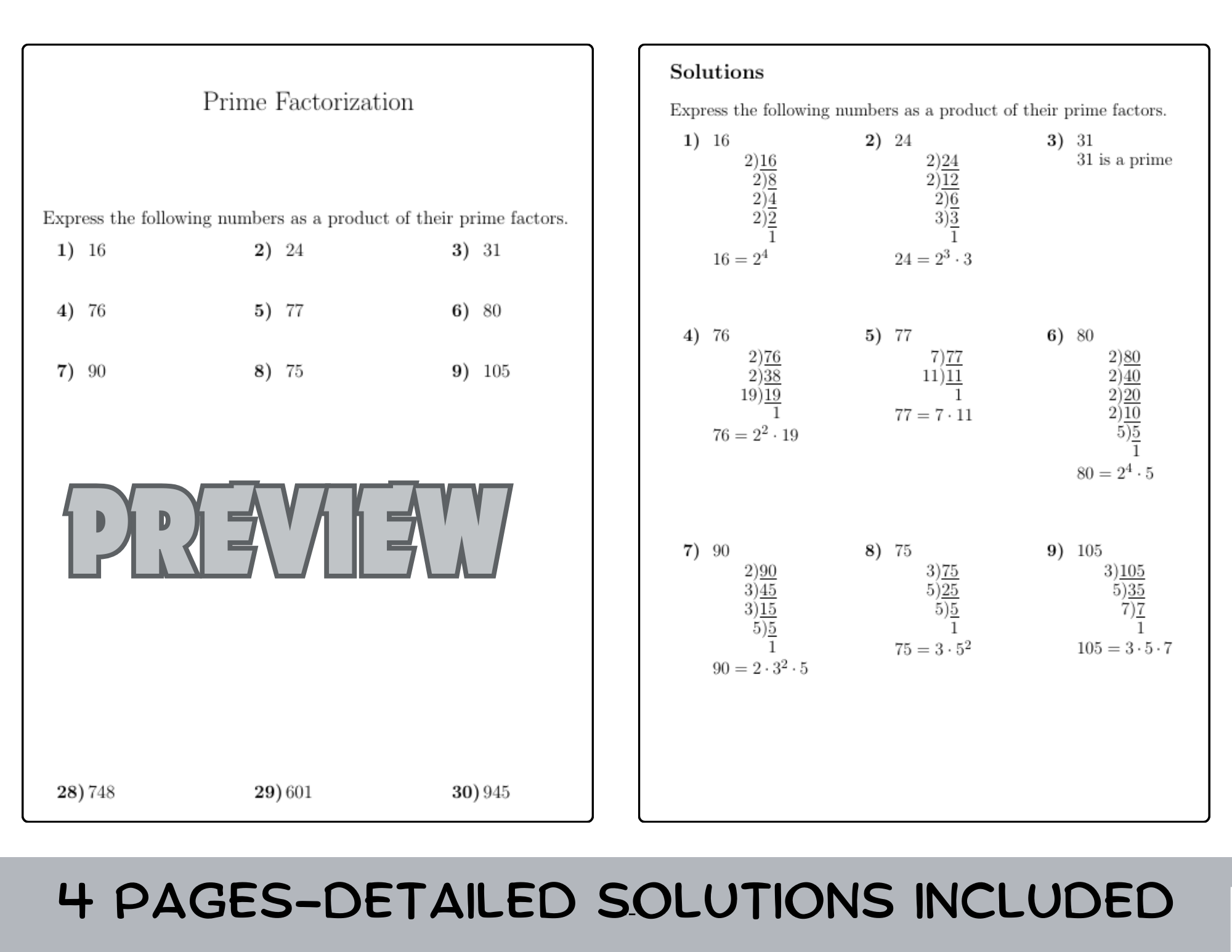 Prime Factorization Worksheet with Solutions Teaching Resources