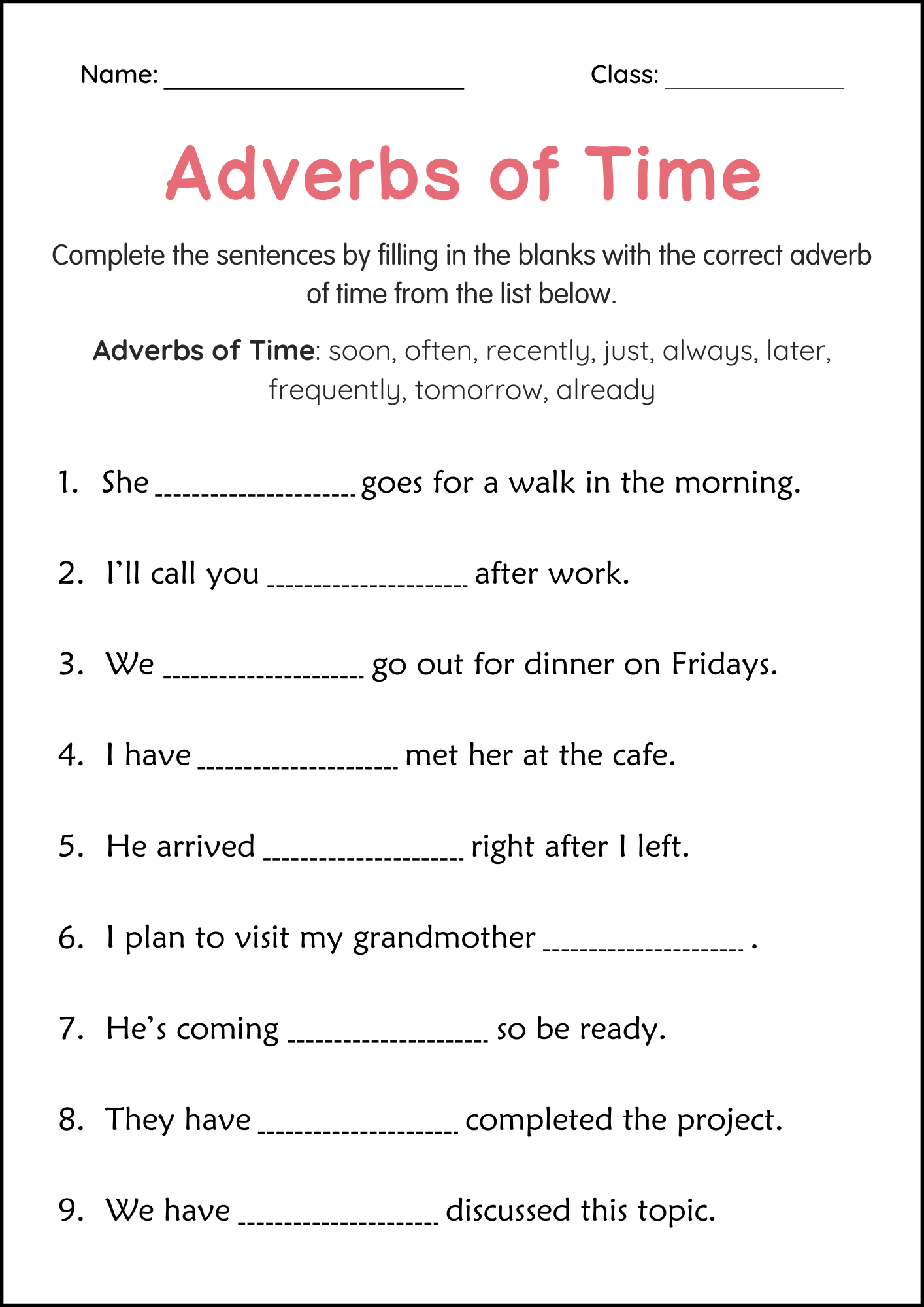 Printable Adverbs Of Time Grammar Worksheets For Grade 1 2 3 Teaching Resources