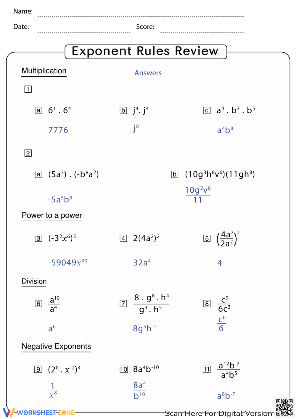 Printable Exponent Rules Review Worksheets Download