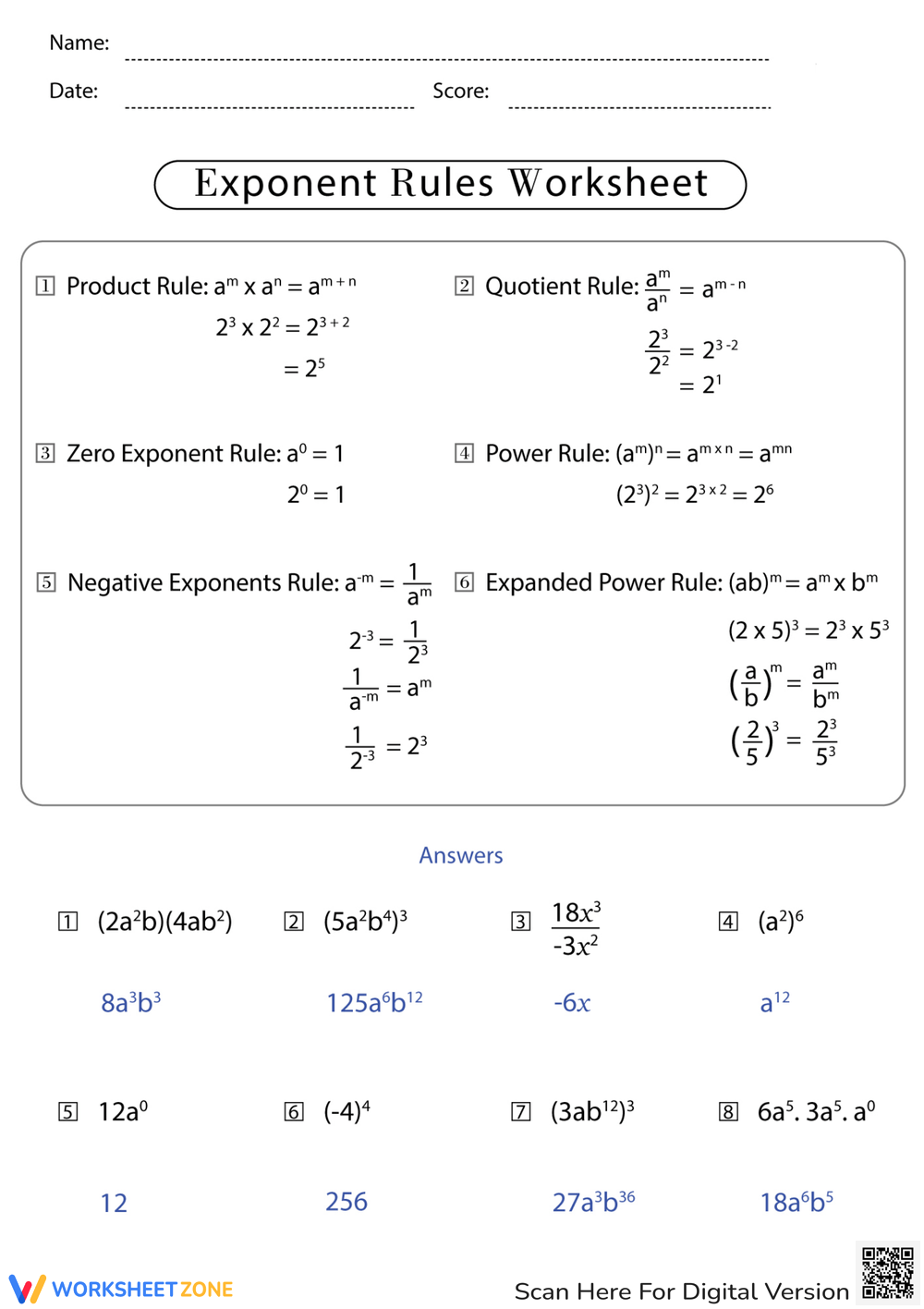 Printable Exponent Rules Review Worksheets Download
