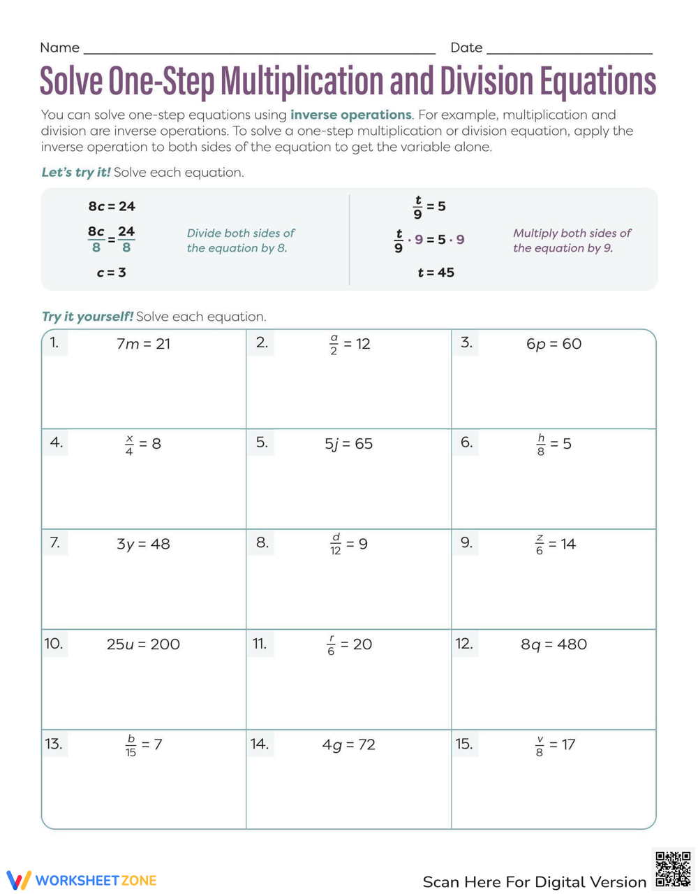 Printable Grade 6 Solving One Step Equations Worksheets