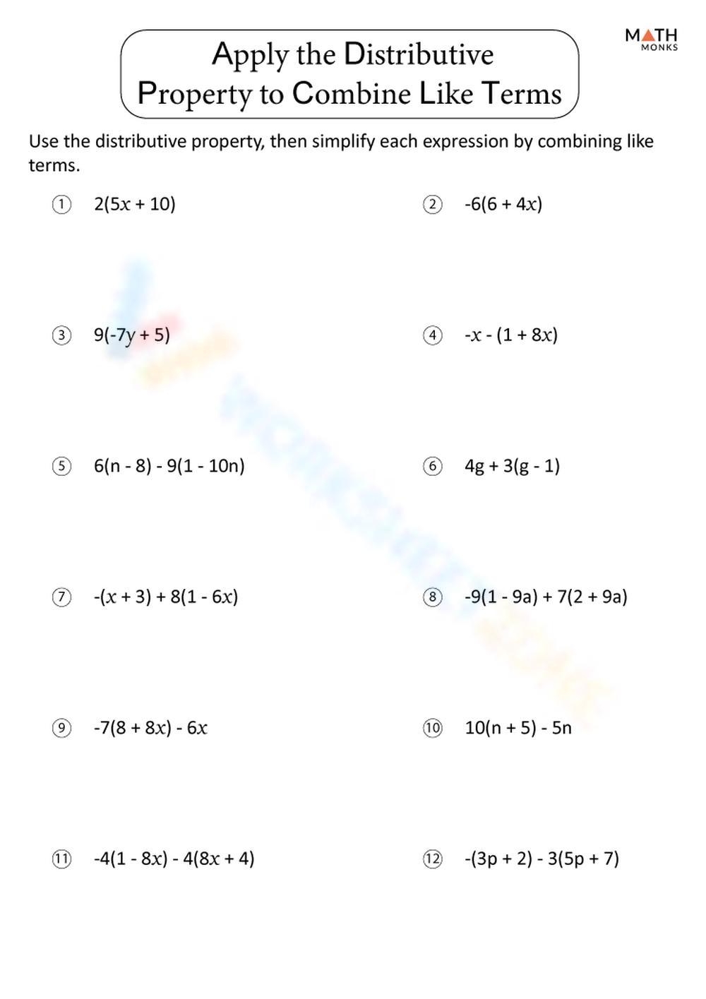 Printable Grade 8 Combining Like Terms Worksheets Download