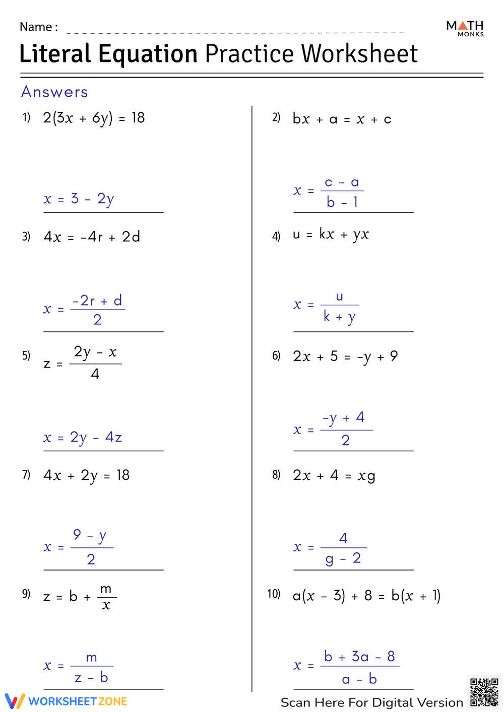 Printable Grade 8 Solving Literal Equations Worksheets Download Printable Grade 8 Solving Literal Equations Worksheets Download