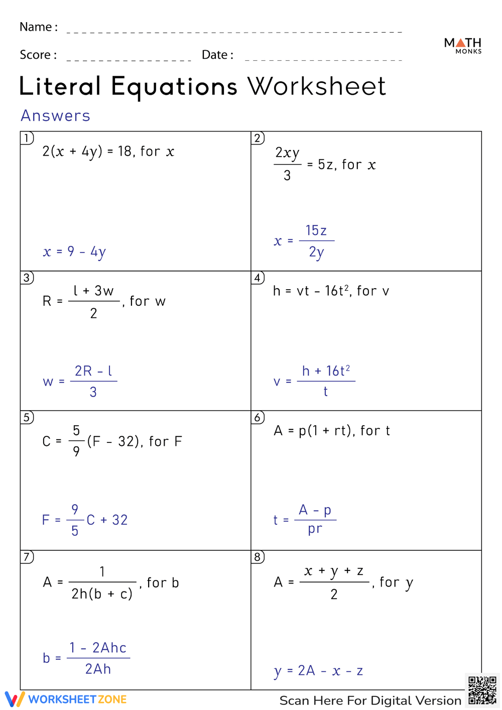 Printable Grade 8 Solving Literal Equations Worksheets Download Printable Grade 8 Solving Literal Equations Worksheets Download