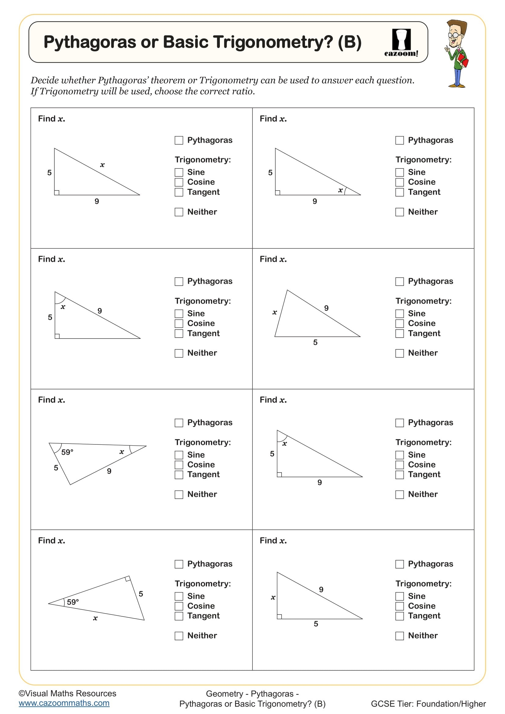Pythagoras Or Trigonometry B Worksheet Printable PDF For Year 10 And Year 11 Geometry Worksheet