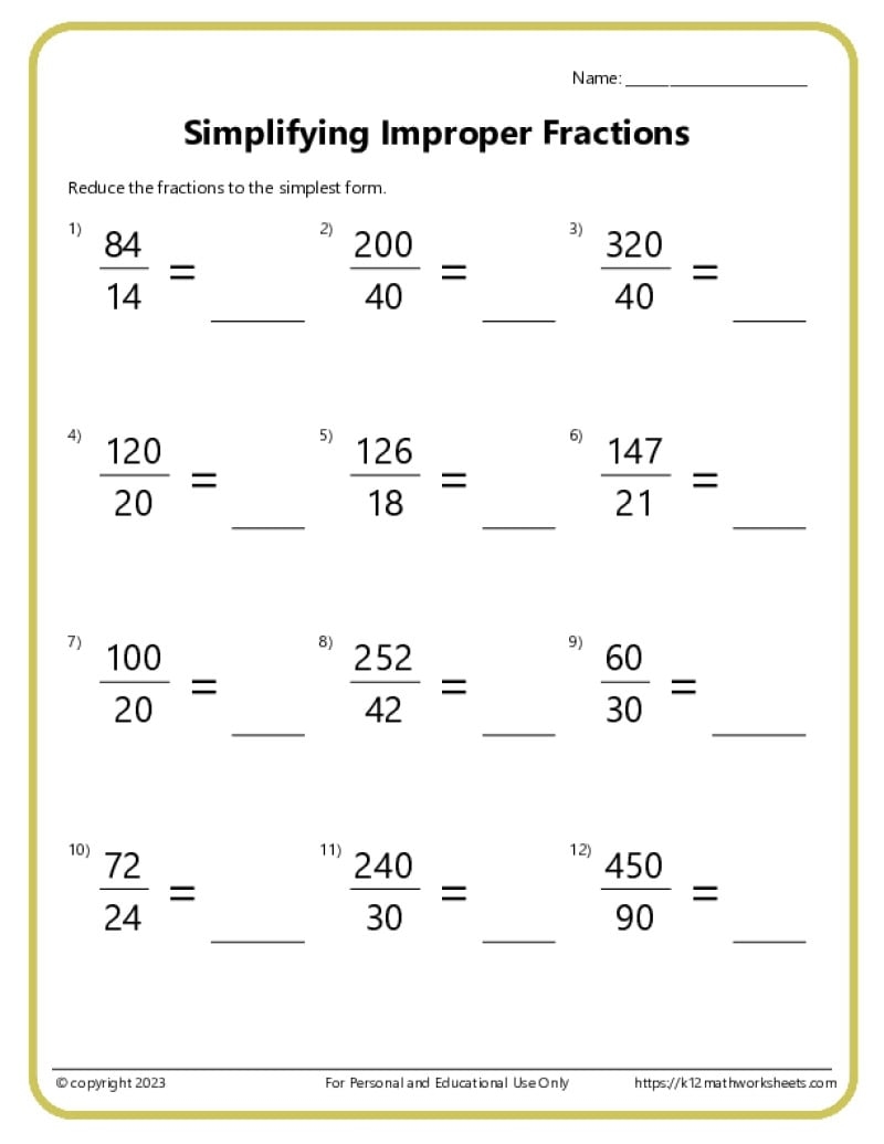 simplifying fractions worksheet pdf
