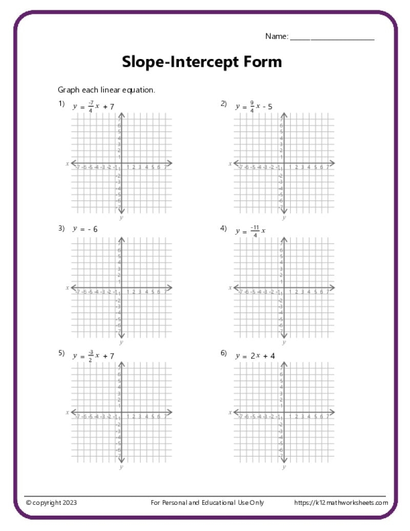 Slope Intercept Form Worksheets