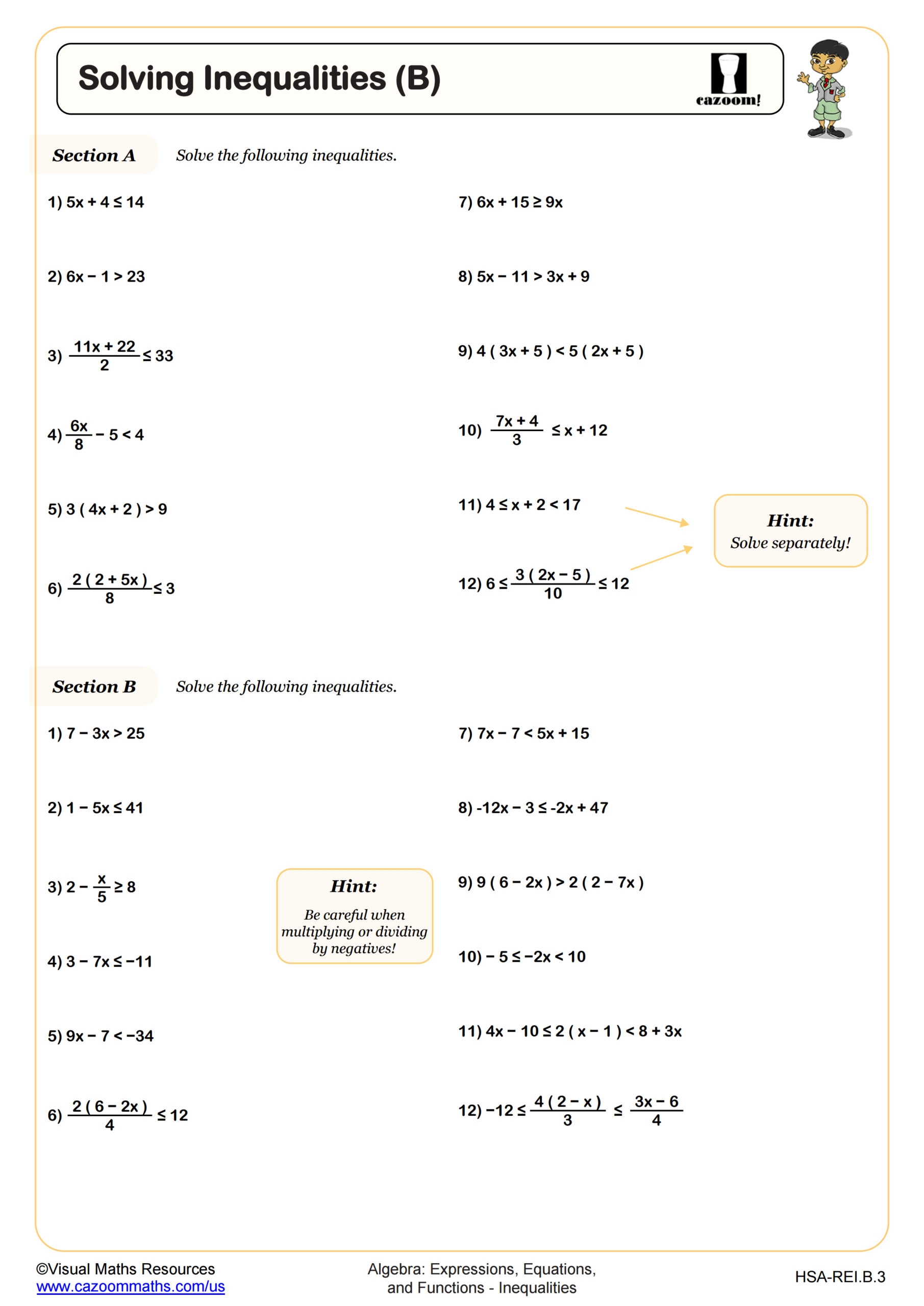 Solving Inequalities B Worksheet PDF Printable Algebra Worksheet Solving Inequalities B Worksheet PDF Printable Algebra Worksheet