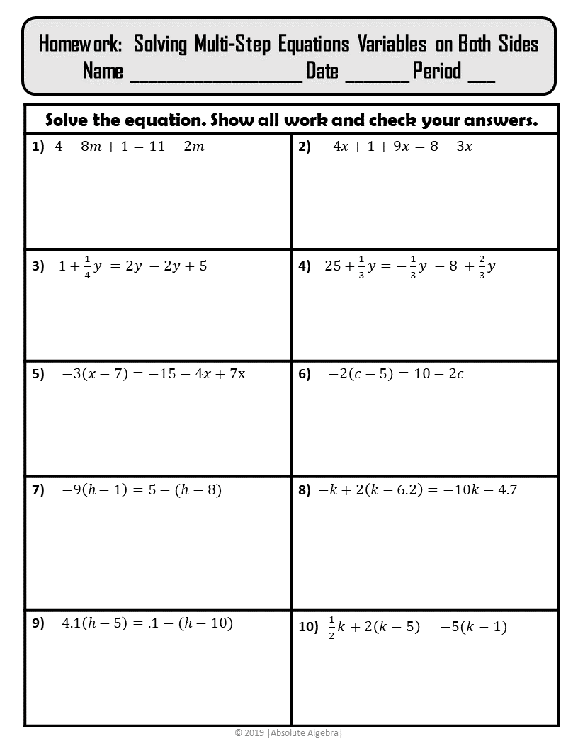 solving multi step equations worksheet pdf