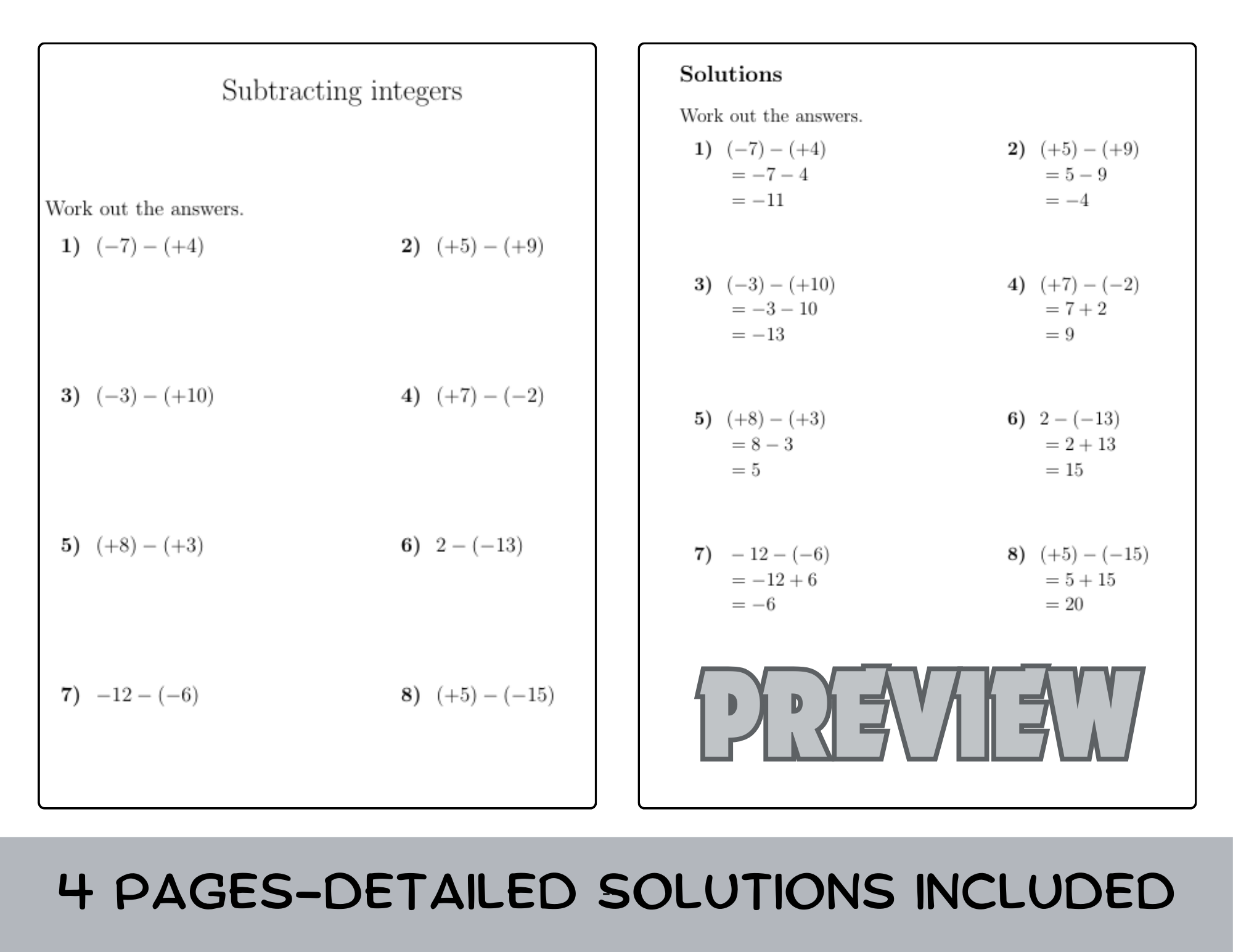 Subtracting Integers Worksheet with Solutions Teaching Resources Subtracting Integers Worksheet with Solutions Teaching Resources