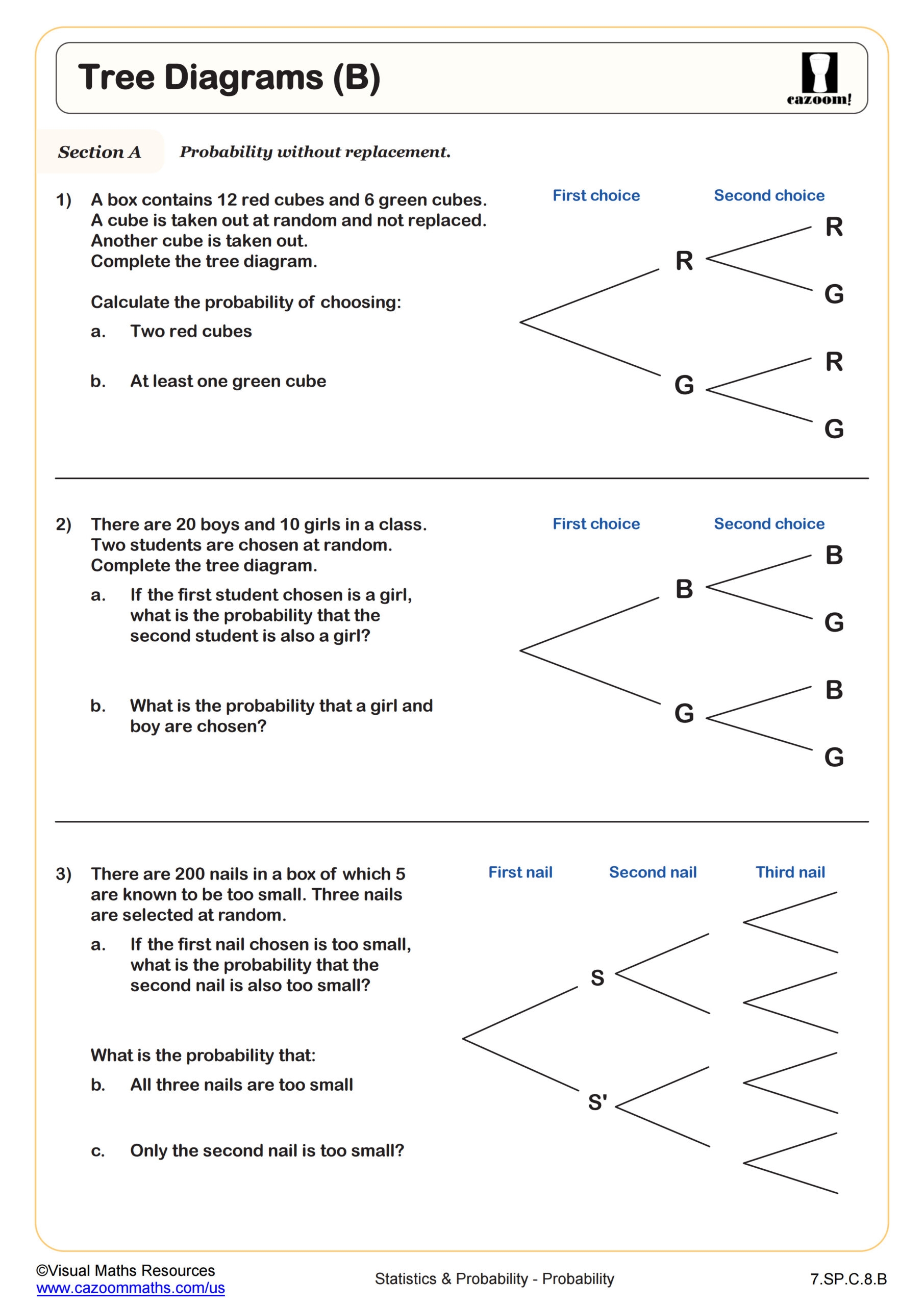 Tree Diagrams B Worksheet PDF Printable Statistics Probability Worksheet Tree Diagrams B Worksheet PDF Printable Statistics Probability Worksheet