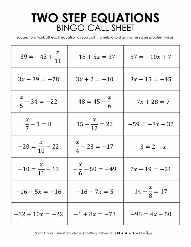 Two Step Equations Bingo Game Free PDF 